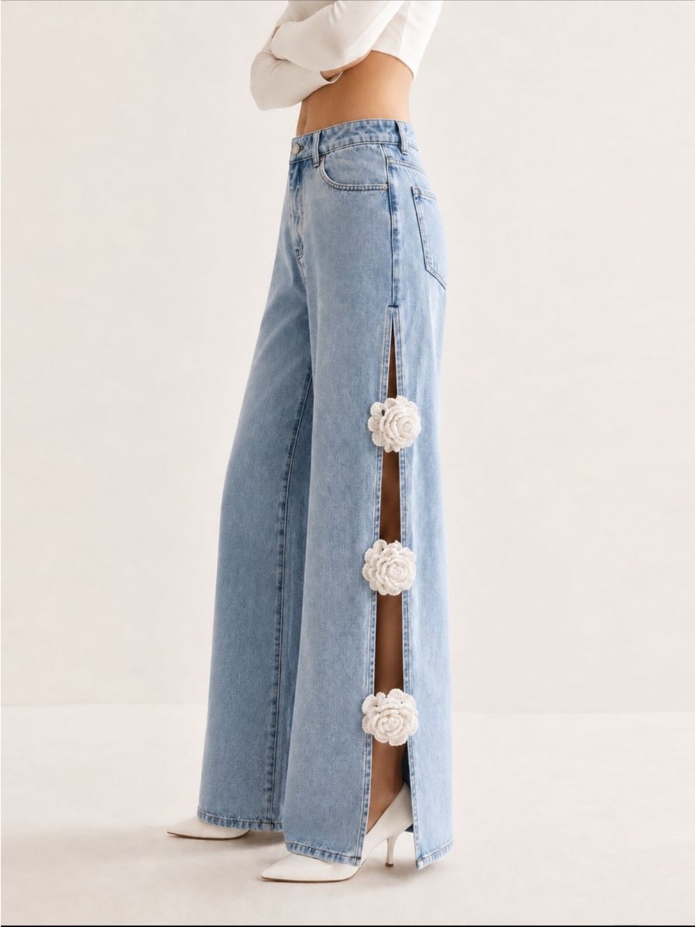 Commense Light Blue Wide-Leg Jeans with Side Slits & Crochet Flowers